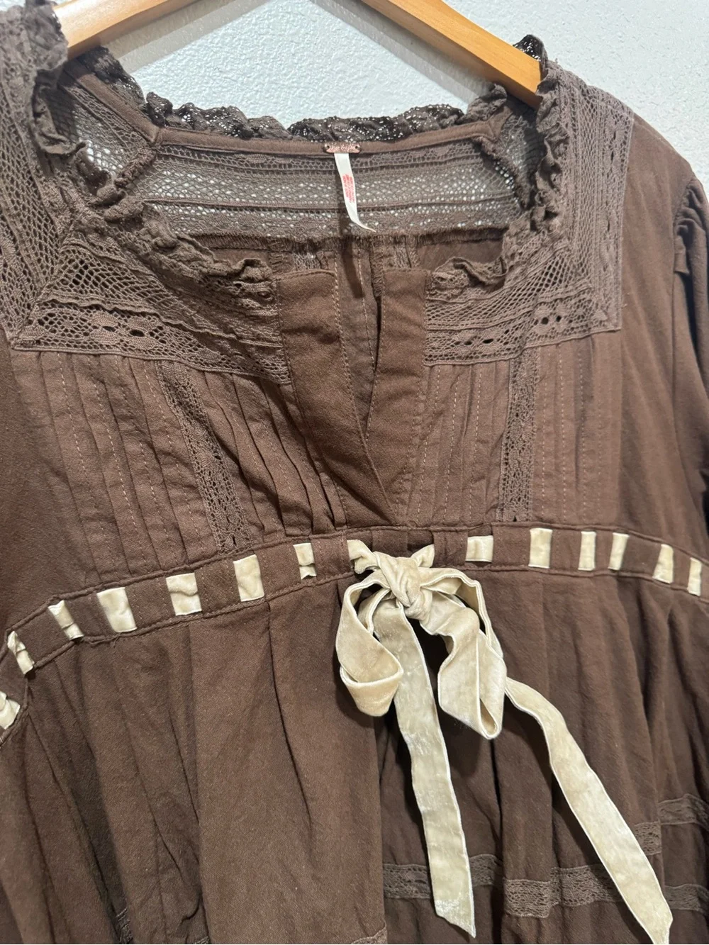 Free People Boho Peasant Tunic Dress with Contrast Ribbon Tie - Brown & Cream - Picture 2 of 7